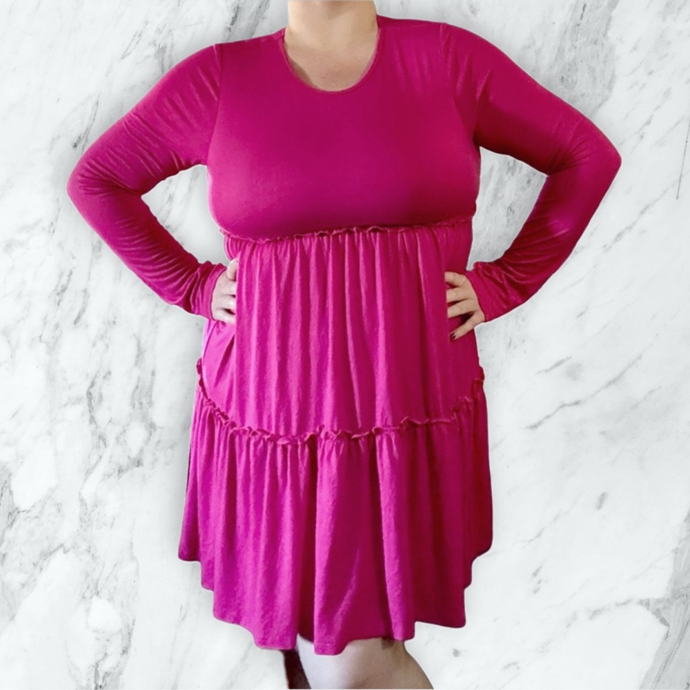 Bellamie 💕 NWOT Pink Tiered Ruffled Long Sleeve Babydoll Modest Short Dress
